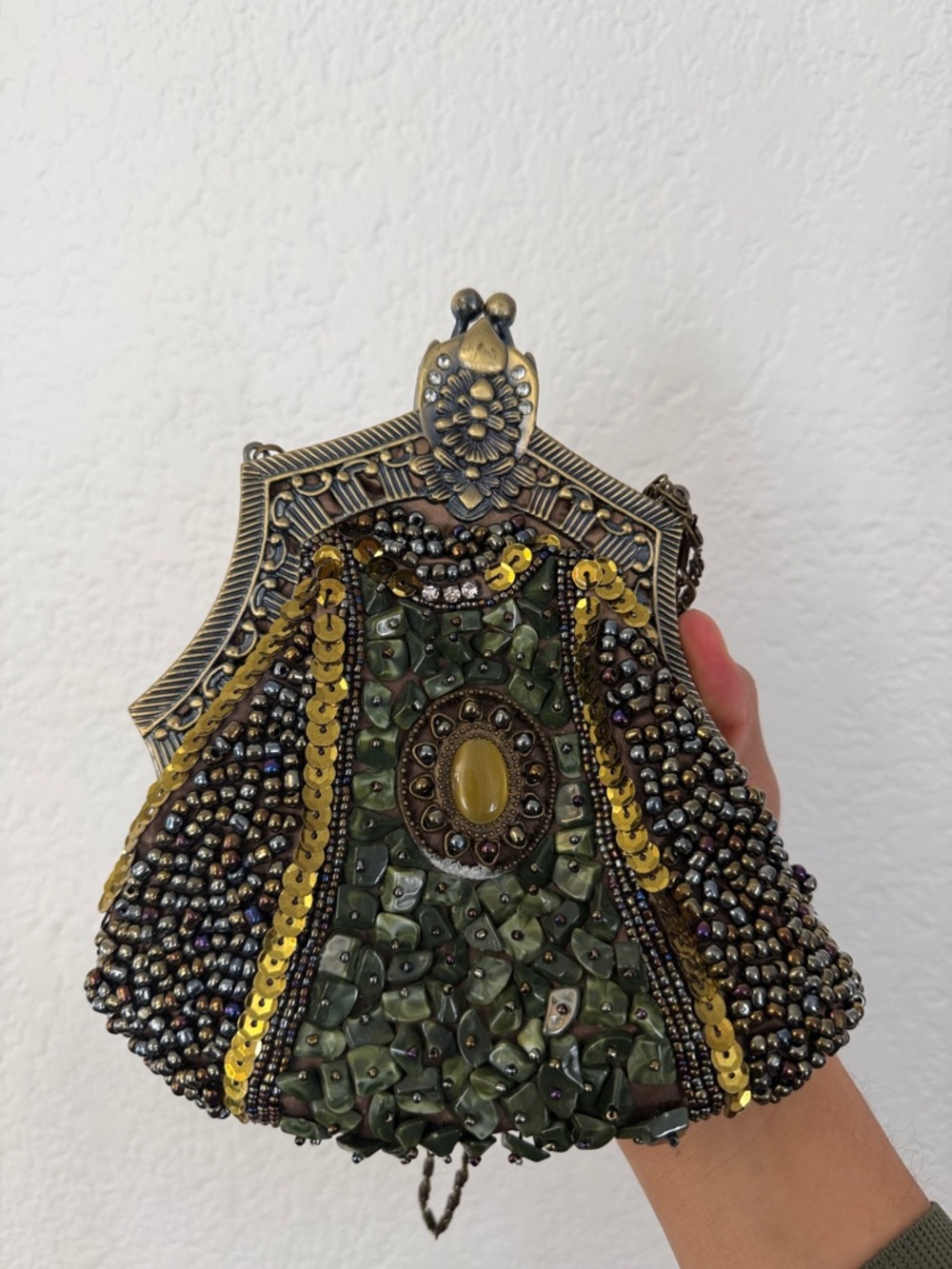 Vintage Y2K The Pyramid Collection Green and Gold Beaded Mosaic Satchel